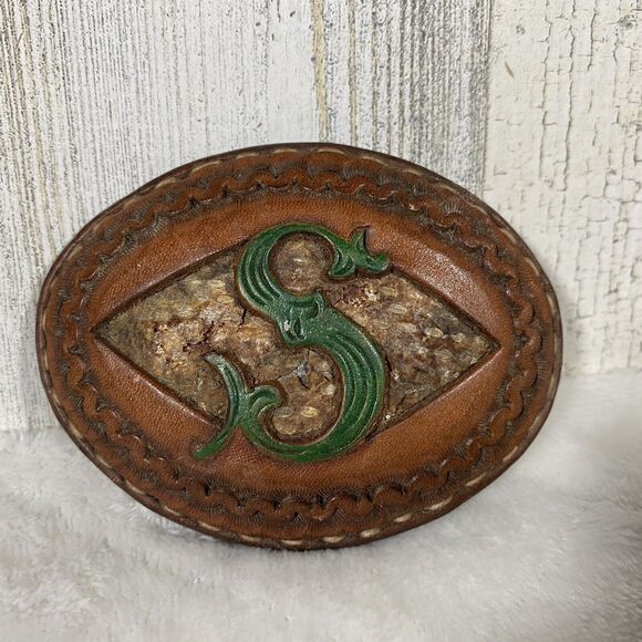 Vtg Leather Oval Belt Buckle S Hand Painted Stitched Wrapped Edge Boho Western - Picture 1 of 5